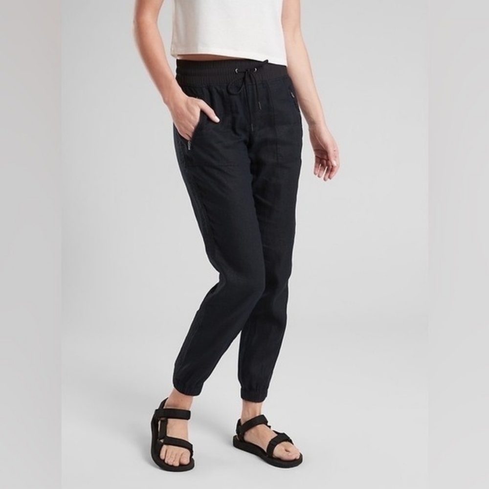 Athleta Black Cabo 100% Linen Jogger Pants Size 2P Zipper Pockets